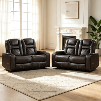 Electric Reclining Loveseat Set Of 2, Diamond Quilted Faux Leather Power Recline Sofa With Independent Recline System And Extendable Footrest