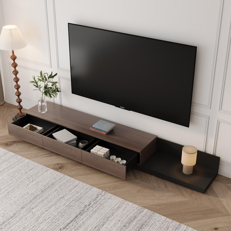 Carmavy 74.87" W Manufactured Wood Extendable TV Stand with Open Shelf , Walnut/Matte Black
