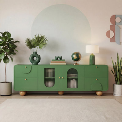 Low Sideboard Storage Cabinet, 24" Modern Console Cabinet With Fluted Glass Doors & Drawers, Cute Spherical Legs, Wood Buffet Cabinet For Living Room Or Entryway