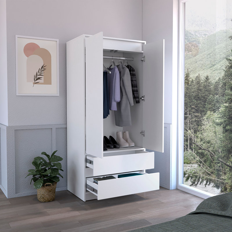 Armoire, penderie avec deux tiroirs, tringle, Blanc