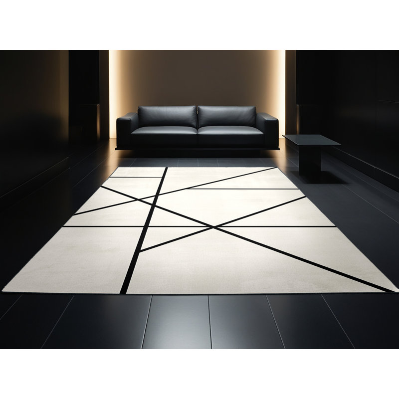 Soft Plush Eatman Minimalist Geometric Area Rug in Beige – Black Binding, 7x9