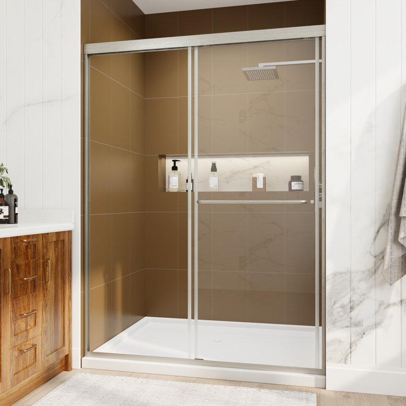 50" - 54" W x 72" H Single Sliding Semi-Frameless Shower Door with 1/4" Tempered Glass, Brushed Nickel