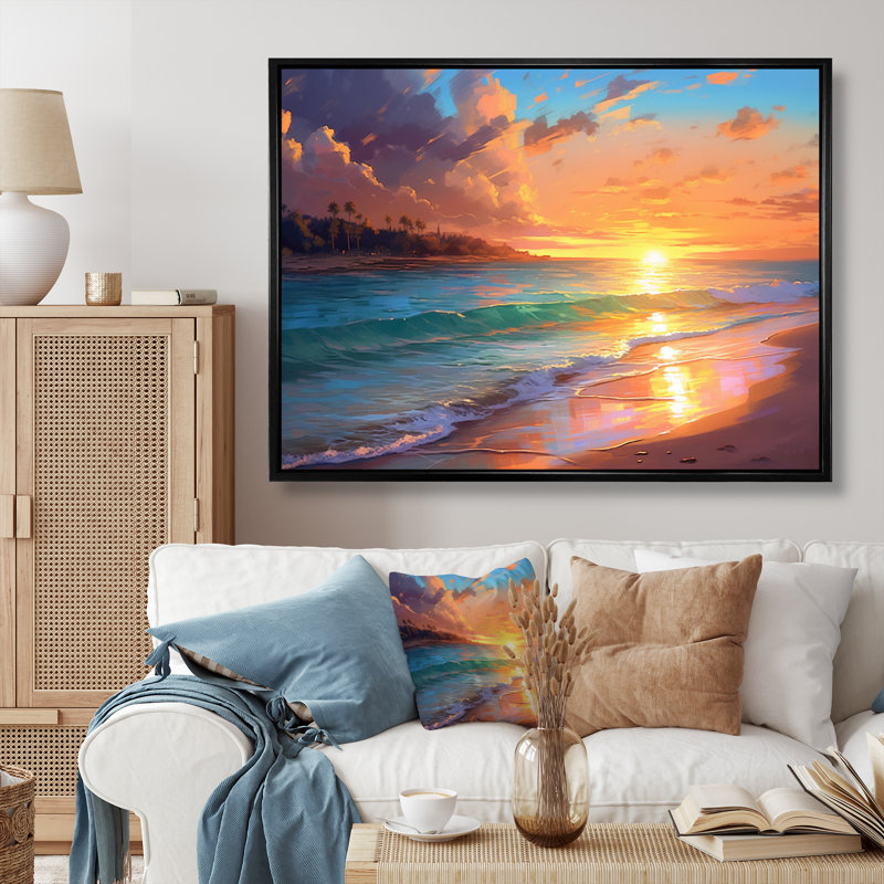 «Sand and Blue Caribbean Sea», reproduction d'art sur toile encadrée, H 12 po x l 20 po x P 1 po, Cadre flottant noir