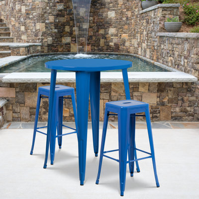 Gyala Round Metal Indoor-Outdoor Bar Table Set with 2 Square Seat Backless Stools