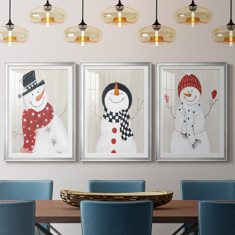 Festive Snowman I - Impression personnalisée de qualité supérieure avec cadre - 3 pièces, Argent argent, H 27 po x l 39 po