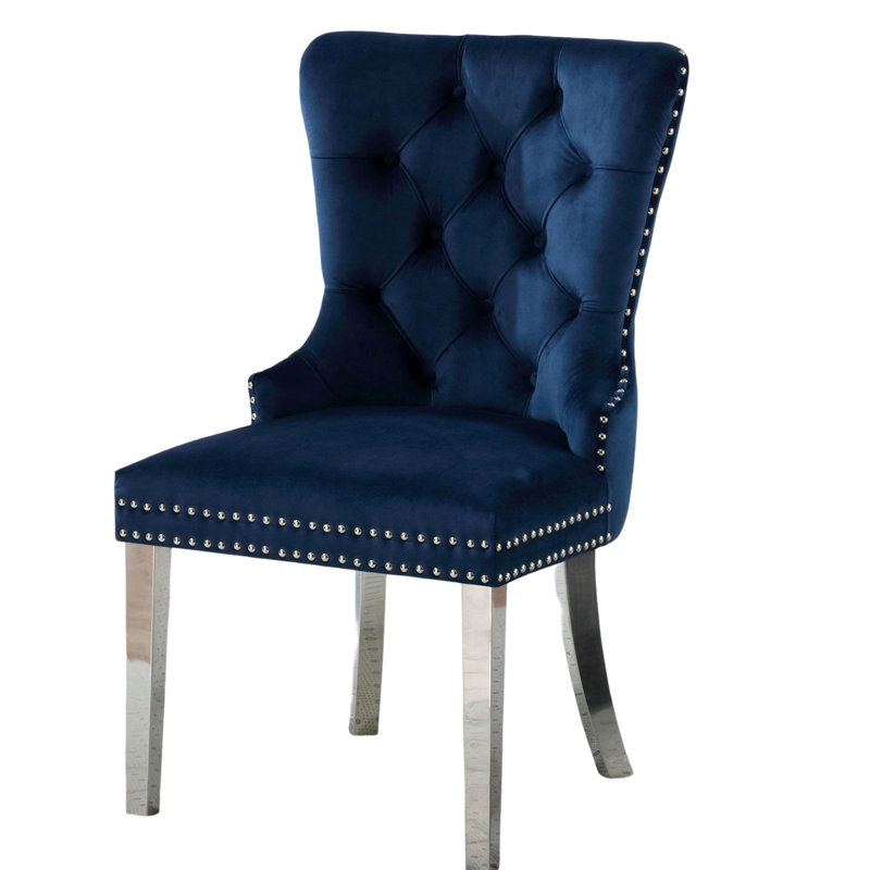 Chaises de salle à manger contemporaines à oreilles bleues (de 2) - Revêtement en flanelle avec siège à boutons 2 pièces et base en bois massif stable