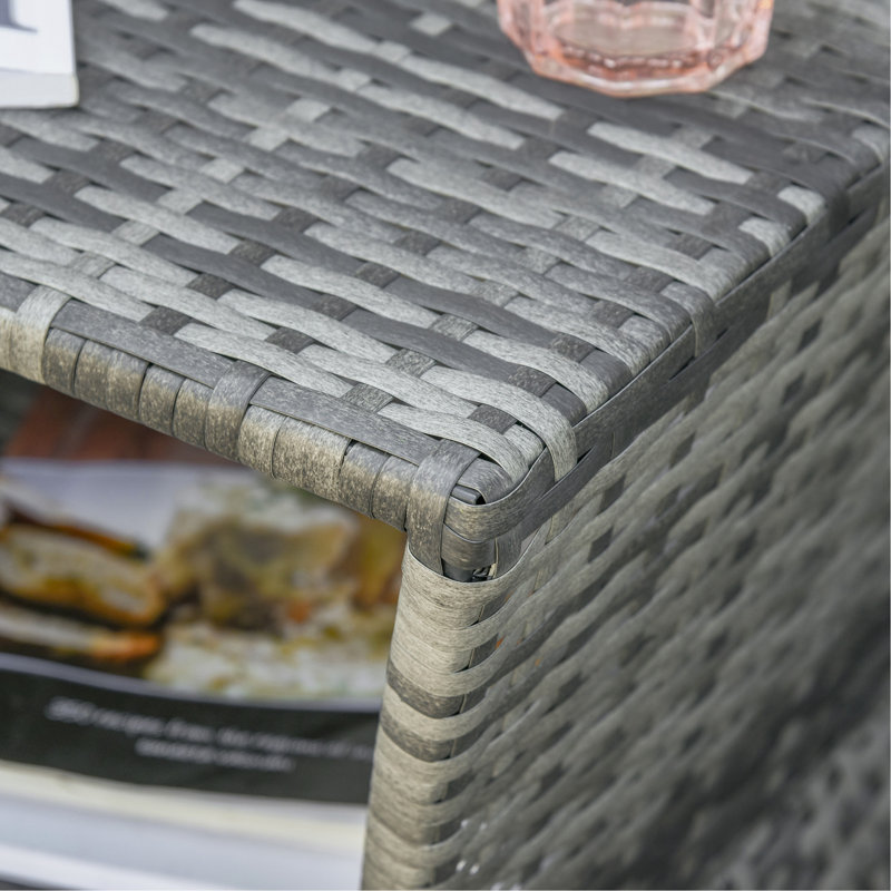 Rattan Wicker Side Table with Umbrella Hole, 2 Tier Storage Shelf for All Weather for Outdoor, Patio, Garden, Backyard, Mixed Grey 