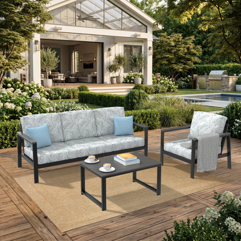 Ensemble de conversation 3 pièces avec coussins Sunbrella® Suren, 3 Pcs: Table, Sofa, Chair, Motif floral vert / blanc, Black