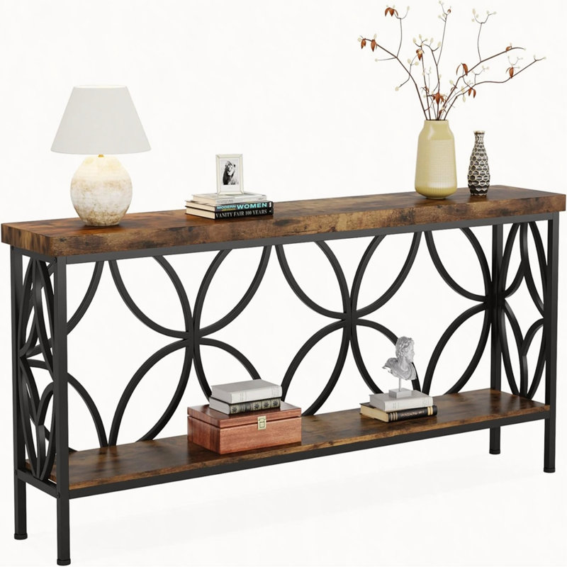 70.9 Inches Extra Long Industrial Console Table, Narrow Sofa Table Behind Couch with Open Storage Shelves, Rustic Entryway Table for Hallway, Foyer, or Living Room, Metal Frame, Rustic Brown