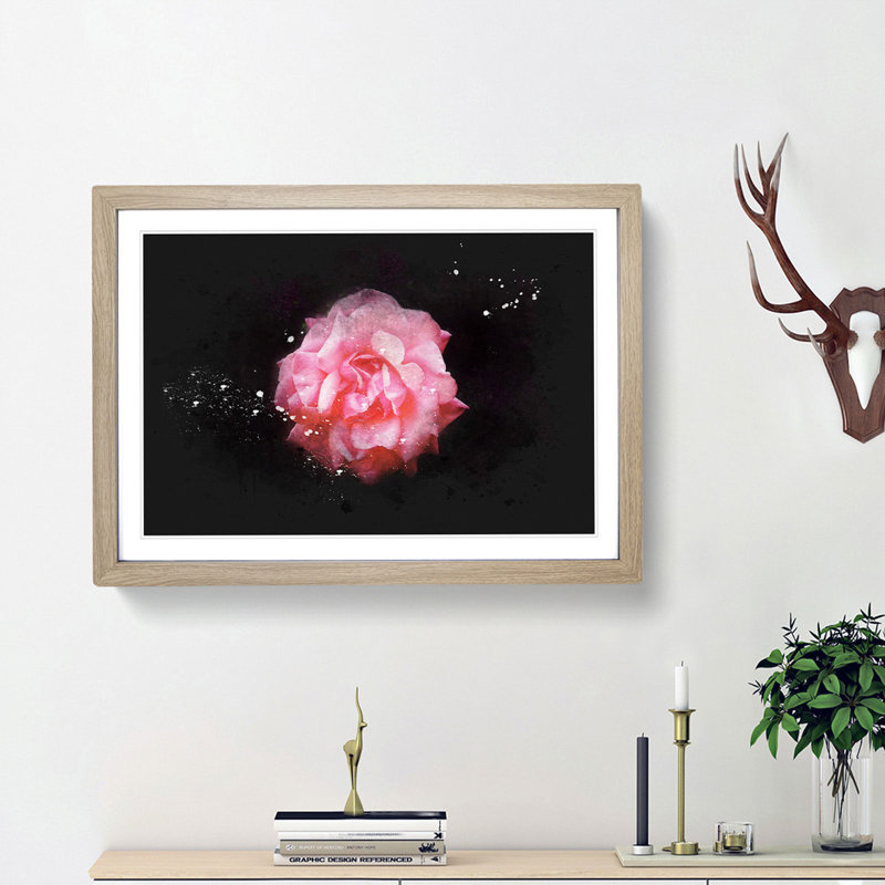 Lone Pink Carnation Paint Splash - Picture Frame Graphic Art, 33cm H x 45cm W x 2cm D, Oak Framed