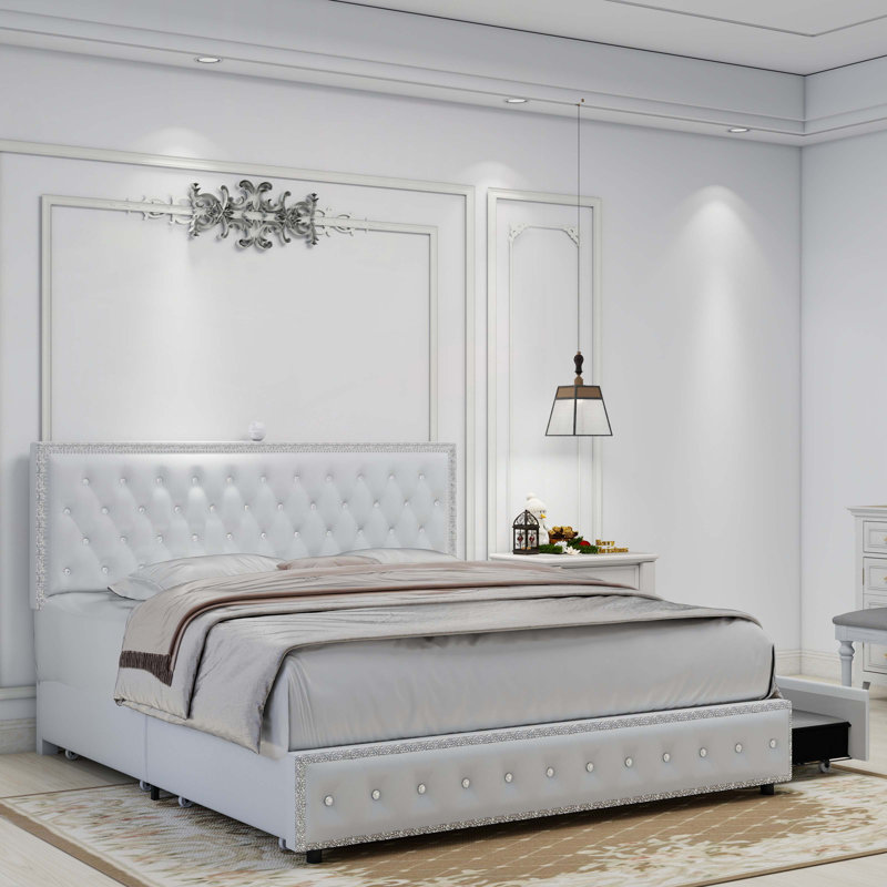 Upholstered Platform Storage Bed Frame With Galaxy Projector, 4 Dustproof Storage Drawers, Adjustable Vintage Nailhead Trim Headboard