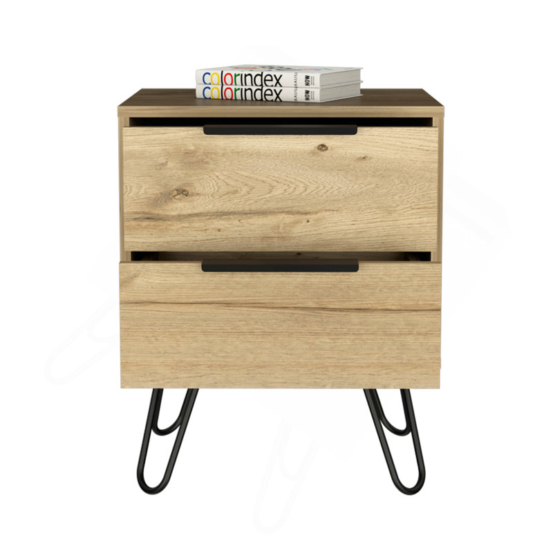 Table de chevet Nuvo, deux tiroirs, pieds en épingle à cheveux