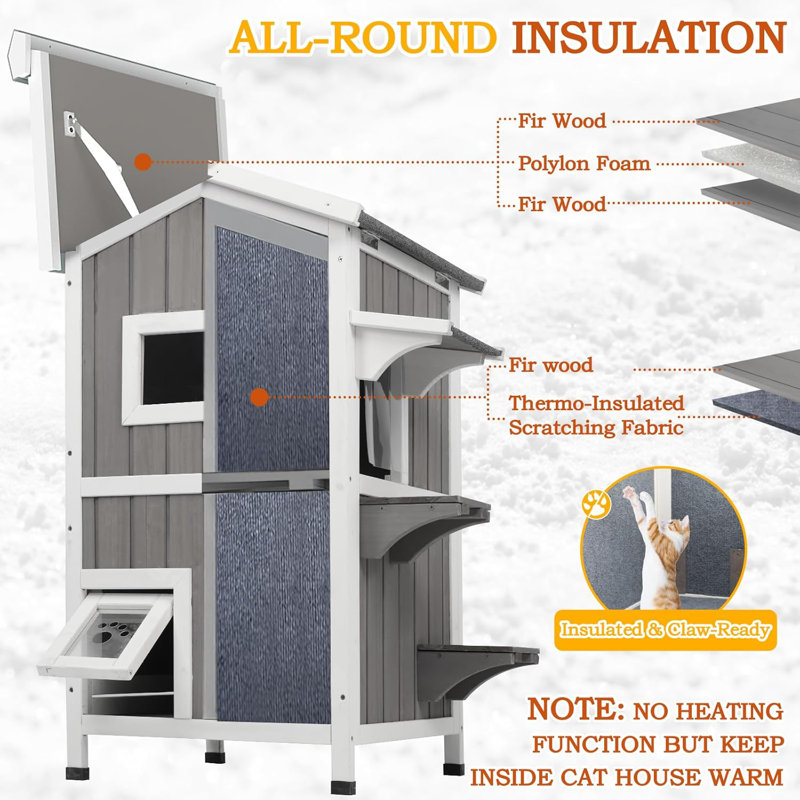 Insulated Outdoor Cat House, Weatherproof 2-Story Feral Shelter with Escape Doors, Grey