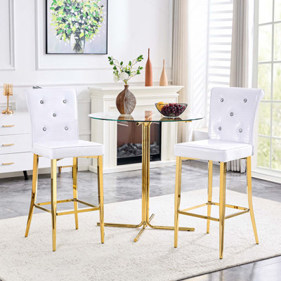 Ensemble de table de bar et de tabourets modernes 3PCS avec plateau en verre rond et 2 tabourets de bar rembourrés avec cuir en PVC résistant à l'eau et pieds réglables