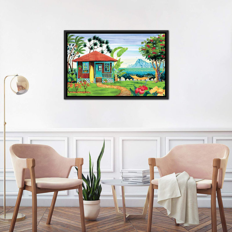«The Beachhouse» par Robin Wethe Altman - reproduction d'art, H 26 po x l 40 po x 1,5 po, Toile avec cadre noir patiné