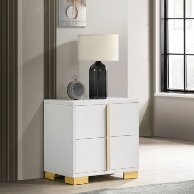 Art Deco Inspired 2-Drawer Nightstand With Geometric Design And Gold Accents, Perfect For Contemporary Bedrooms