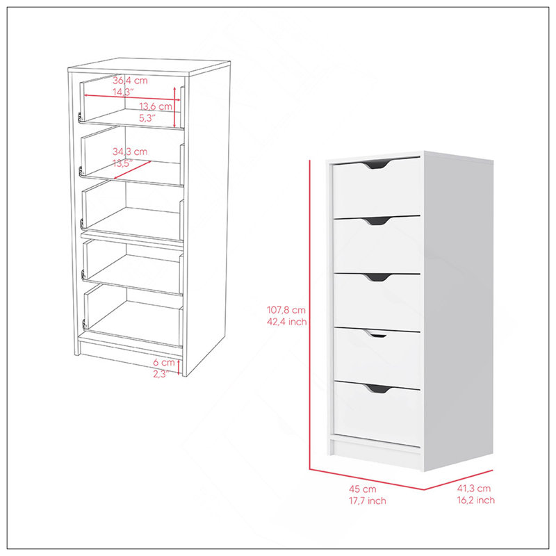 Dresser Kamran, Five Drawer Narrows, White Finish, White