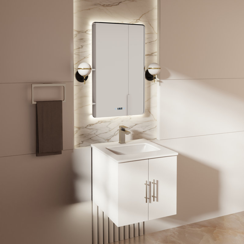 Geneva 24 in W x 22 in D Single Bath Vanity and Chrome Faucet Set, White Cultured Marble, Glossy White