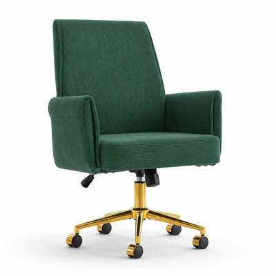 Chaise de bureau ergonomique à dossier moyen avec revêtement en velours côtelé, coussin en mousse viscoélastique, soutien lombaire, réglage de la hauteur et base dorée