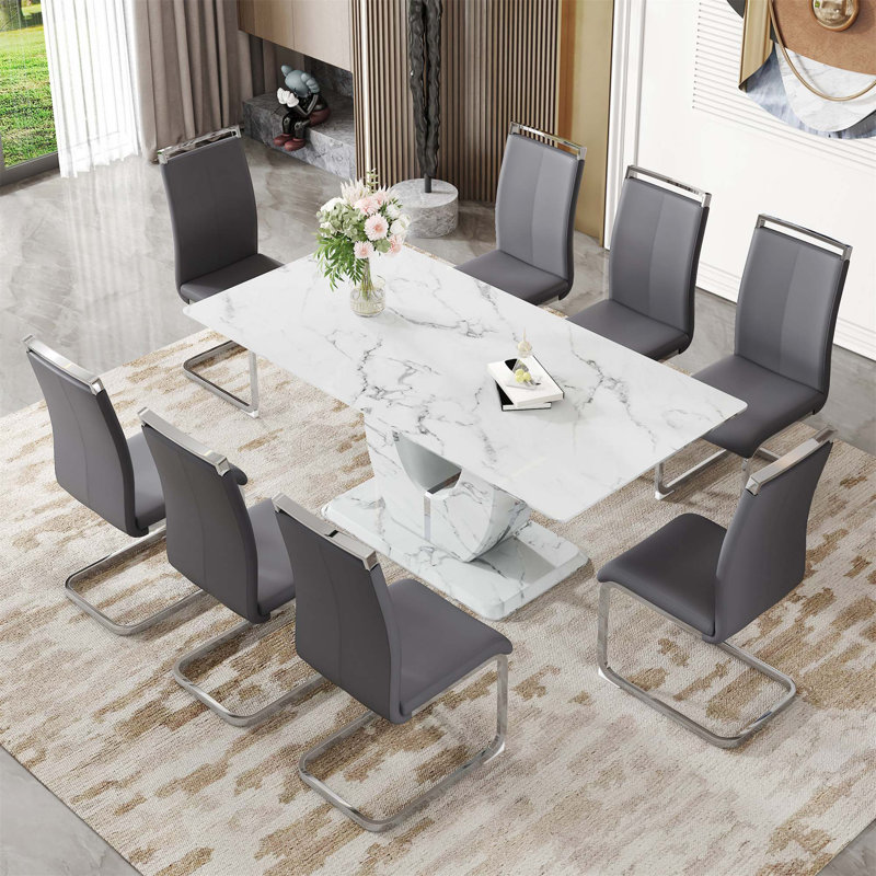 Ensemble de table et de chaises Willistine, ensemble de salle à manger moderne simple en marbre avec chaises en polyuréthane, autocollant en marbre, plateau de table en verre trempé, avec pieds de chaise arqués en métal