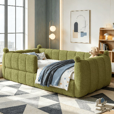 Soft Upholstered Floor Bed, Kids Platform Bed with Full Surround Safety Rails, Low to Ground Child Bed Frame,  Low Daybed, Low Profile Bed for Kids Bedroom Rest and Guest Room