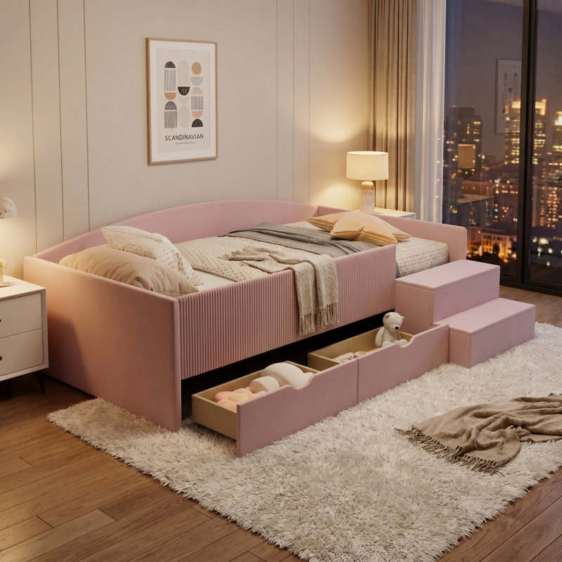 Structure de lit de jour rembourrée avec tiroirs de rangement, lit plateforme moderne pour chambre d'enfant peu encombrante