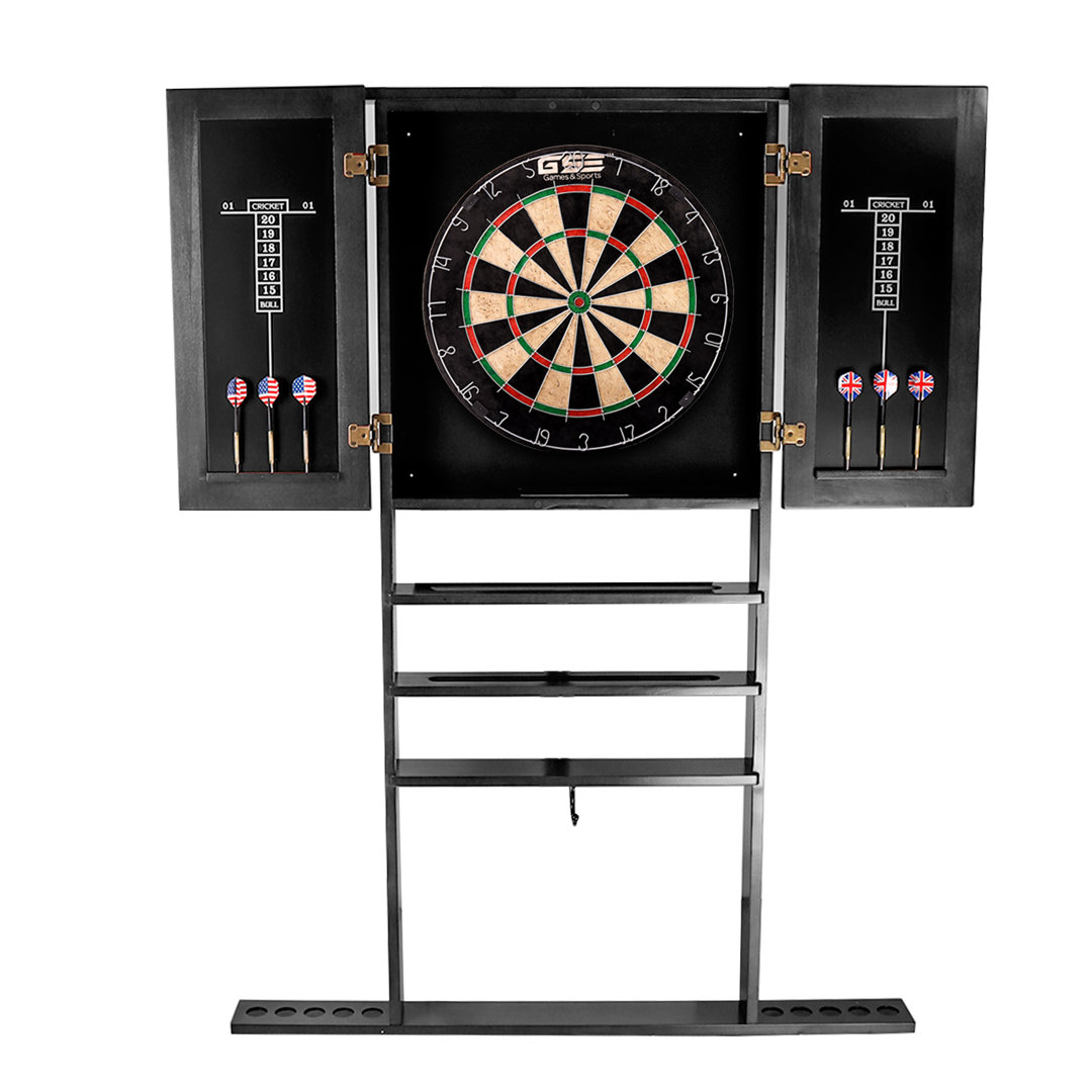 GSE Wooden Billiard Pool Cue Rack & Dartboard Cabiner Combination for 10 Pool Cue Sticks, Set of Pool Bllas, and Dart Board GSE Games & Sports Expert 