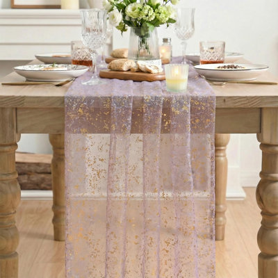6Pcs Grayish Purple Gauze Gold Table Runner 10FT, Glitter Metallic Foil Sheer Dining Wedding Anniversary Holiday Table Decor for Home Party