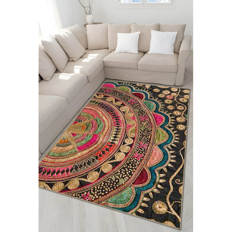 Tapis décoratif multicolore à rayures et à motifs multicolores, Rectangle 4 pi x 5 pi 11 po