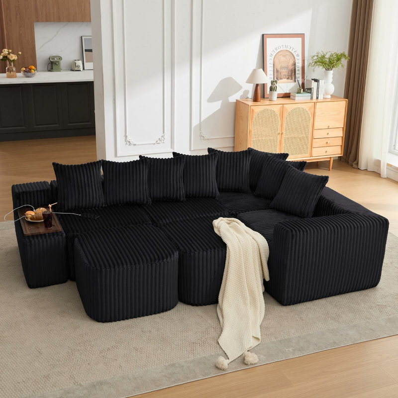 137.5" Modular Corduroy U Shaped Sofa, Black Corduroy