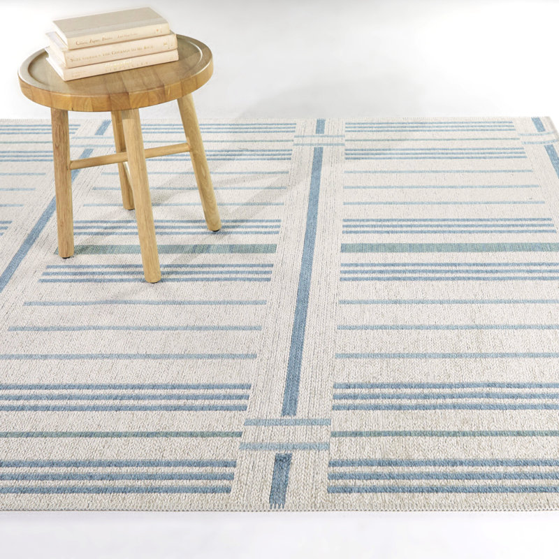 Rectangle rayé P.E.T. Tapis intérieur / extérieur bleu / ivoire, Rectangle 5 pi 3 po x 7 pi
