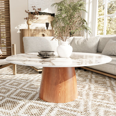 Round Glossy Stone Coffee Table - Mid-Century Modern Living Room Table For Home Decor - Elegant Coffee Table Accent For Covered Outdoors Areas