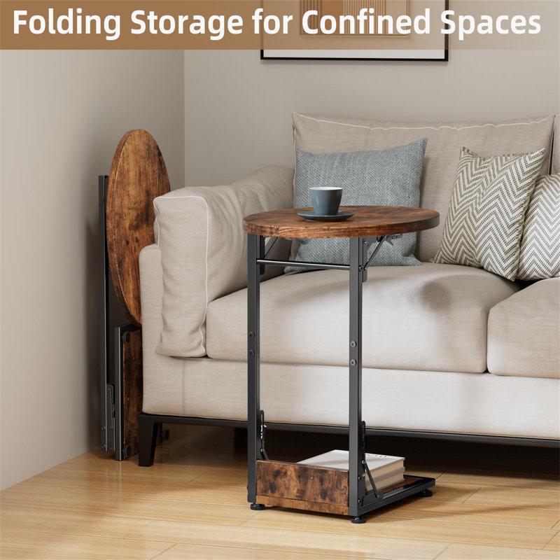 C Shaped, Foldable Round With Metal Frame Side Table