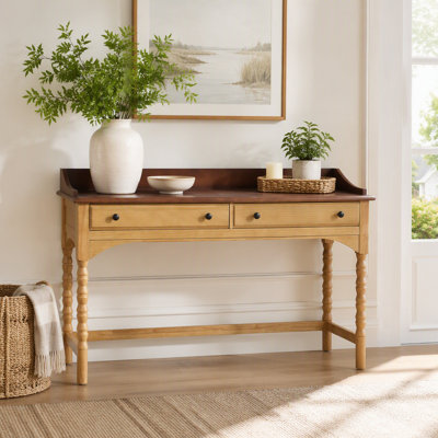 Bureau en bois avec 2 tiroirs de rangement, pieds tournés en forme de bobine, table console multifonctionnelle avec système anti-basculement pour salon, chambre et bureau