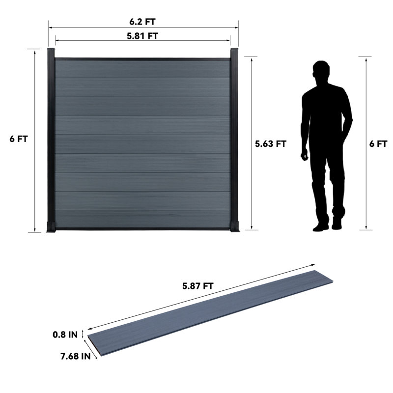 Panneaux de clôture en composite 6 pi H 6 pi, Gris, H 6 pi x l 6,3 pi
