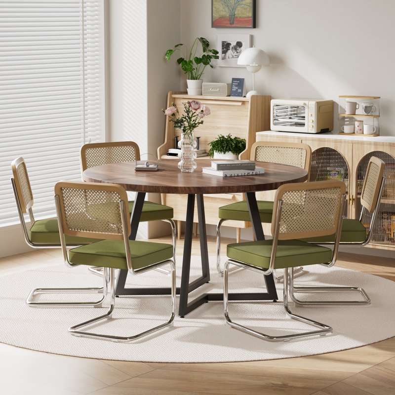 Ensemble de table de salle à manger Mid Century, Vert / Argent, 7 pièces: table, 6 chaises, Noyer