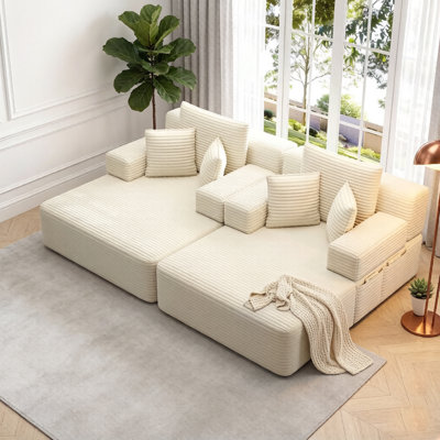 2-Piece Oversized Corduroy Chaise Lounge Sofa Bed Set, Convertible Sleeper Sofa with Spring & Foam Cushion, Storage Pockets & 6 Soft Pillows, Frameless Lounge Couch for Living Room, Bedroom & Dorm