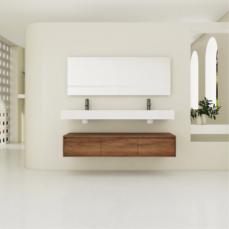 Meuble-lavabo mural de 60 po avec lavabo en résine, tiroir à fermeture en douceur et fixation flottante