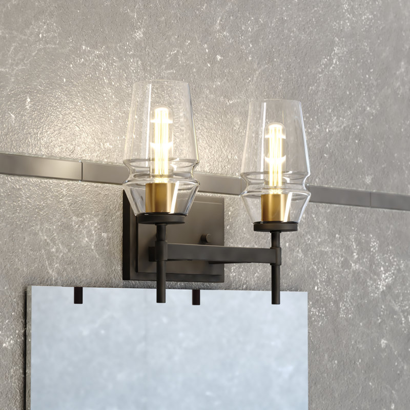 Legault Black And Brass Mid Century Modern Bathroom Vanity Wall Fixture Clear Glass, 2 Lights