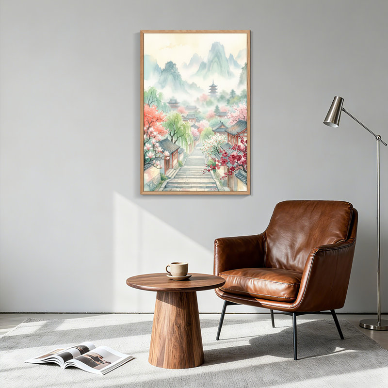 Ensemble de 1 tableau sur toile représentant un paysage chinois, H 48 po x l 32 po, Natural