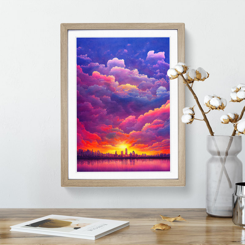 Watercolour City Skyline Clouds No.4 - Single Picture Frame Painting, 46cm H x 34cm W x 2cm D, Oak Framed