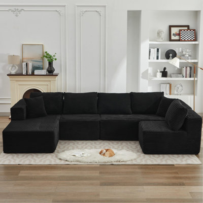 106" L-shape Black Cloud With Left Facing Chaise, 3 Seats, No Assembly, Medium-soft Modular Corduroy