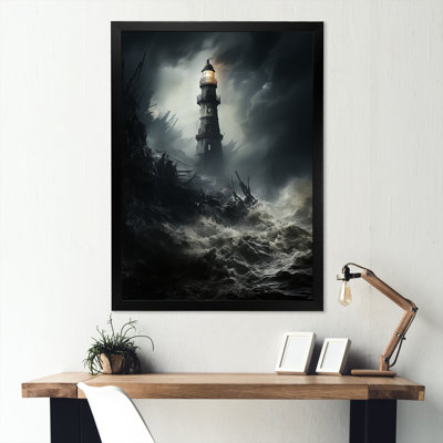 Phare battant contre les vagues orageuses - Art mural encadré