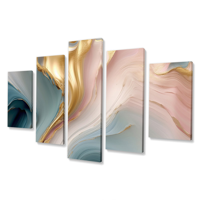 Exquis harmonie liquide rose doré - formes abstraites murales - 5 panneaux