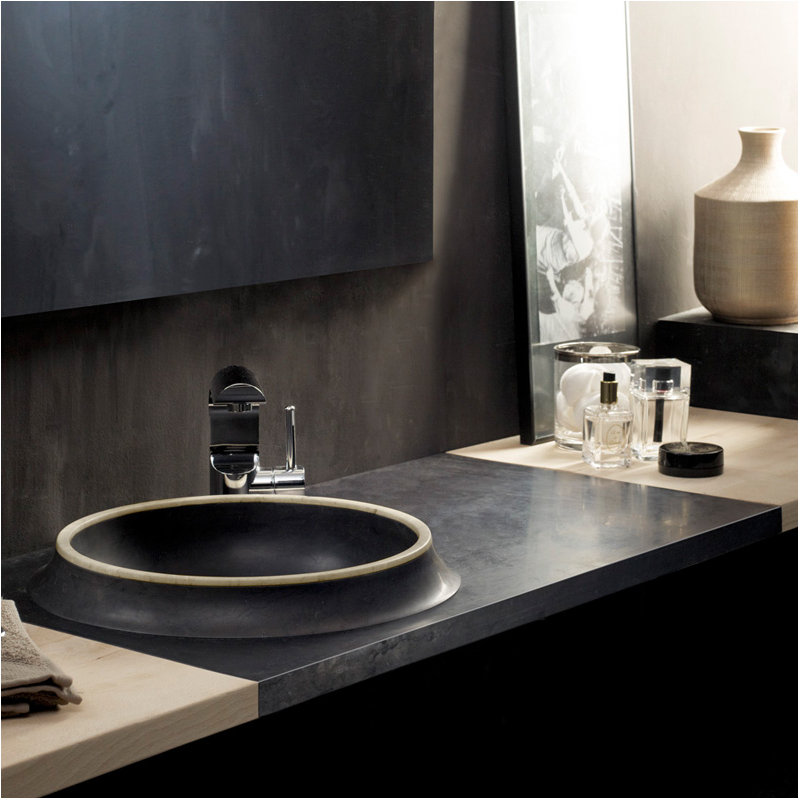 Lavabo de salle de bain circulaire encastré en pierre, Noir