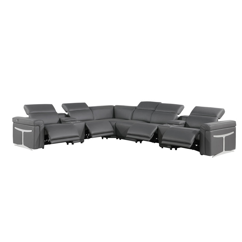 Canapé modulaire inclinable électrique en cuir italien 8 pièces Suhur, Cuir véritable gris foncé