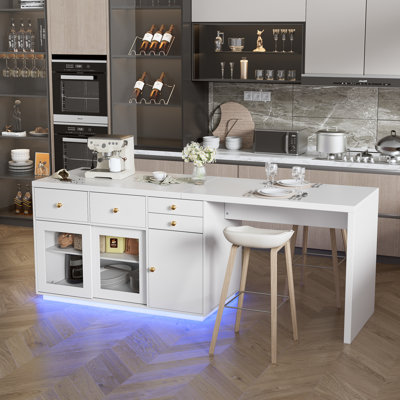 Kitchen Island With Dining Table, Built-in Led Lighting, Usb Power Outlets, 78.7" Kitchen Table With 4 Drawers, Storage Cabinets, Open Shelving, And B by Latitude Run