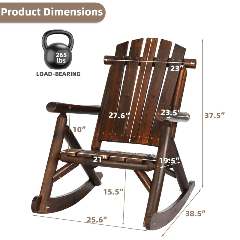 Gracie Oaks Outdoor Wooden Rocking Chair, Patio Log Rustic Adirondack Porch Rocker, All Weather Solid Wood Rocker Chair With High Back & Slatted Seat For Indoor, Deck, Backyard, Garden, Natural