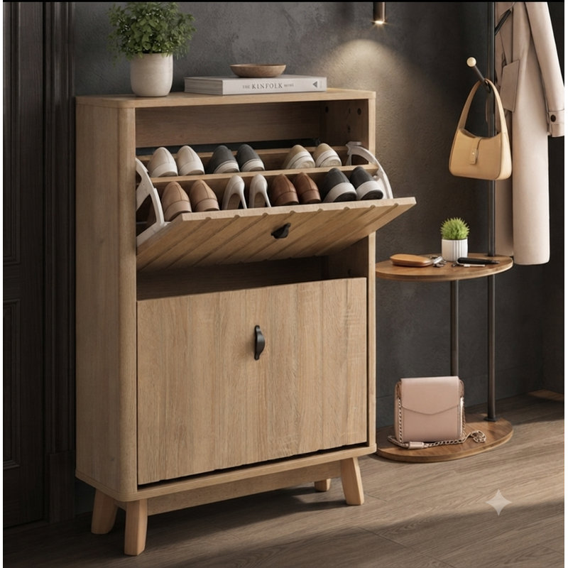 Armoire à chaussures de style moderne Mid-Century 23,6 pouces, étagère à chaussures rabattable en chêne mince avec tablettes réglables