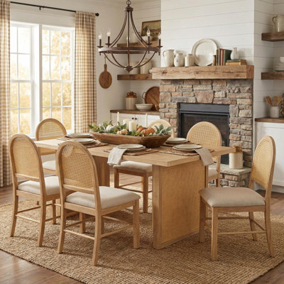 7-Piece Farmhouse Dining Set with 59.8" Rectangular Table and Wicker Chairs